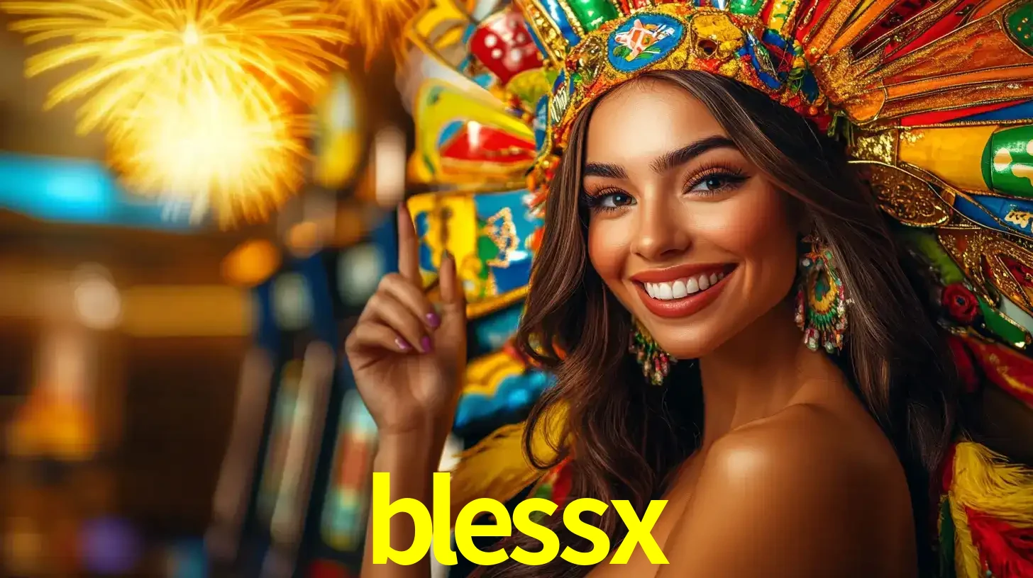 Mulher sorridente com um cocar de carnaval vibrante e colorido, celebrando uma grande vitória nos jogos do cassino blessx com fogos de artifício ao fundo.