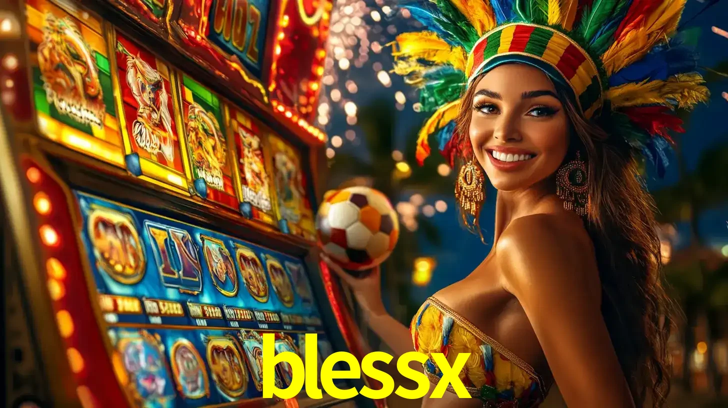 Mulher com um cocar de carnaval ao lado de uma máquina de caça-níqueis enquanto segura uma bola de futebol, mostrando a união da diversão de cassino e esportes no blessx.