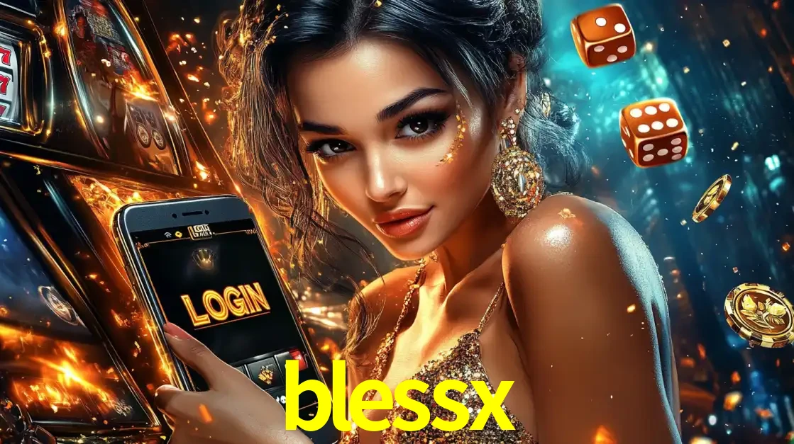 Mulher glamourosa segurando um celular com a tela de login do cassino blessx, rodeada por dados e moedas douradas, pronta para começar a diversão.