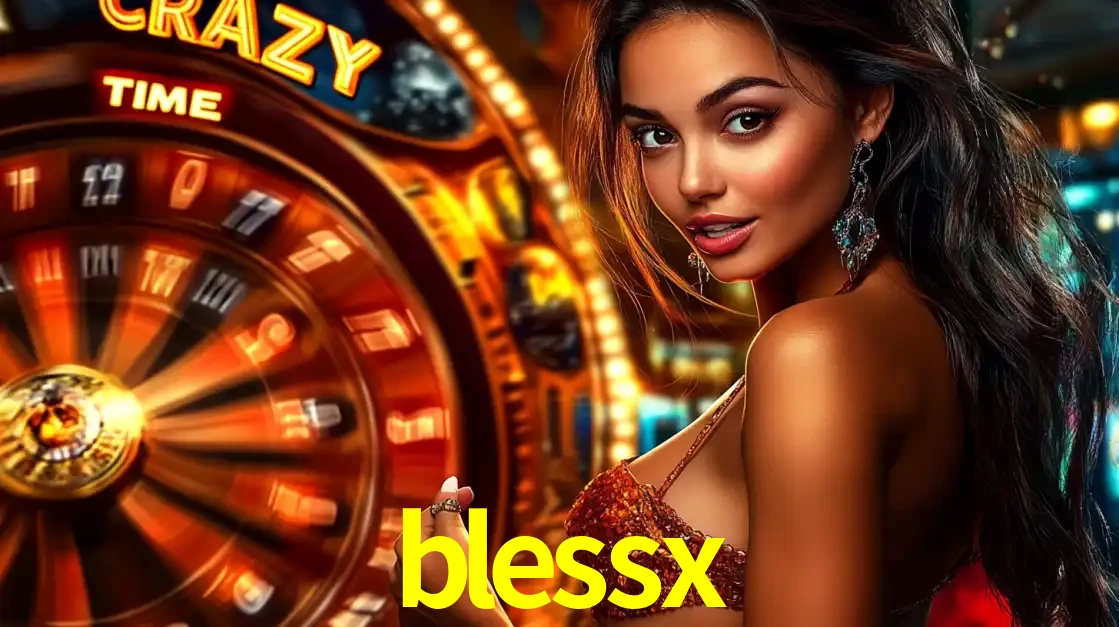 Mulher ao lado da roda de prêmios do jogo de cassino ao vivo Crazy Time, um dos shows de jogos mais emocionantes oferecidos pela plataforma de apostas blessx.