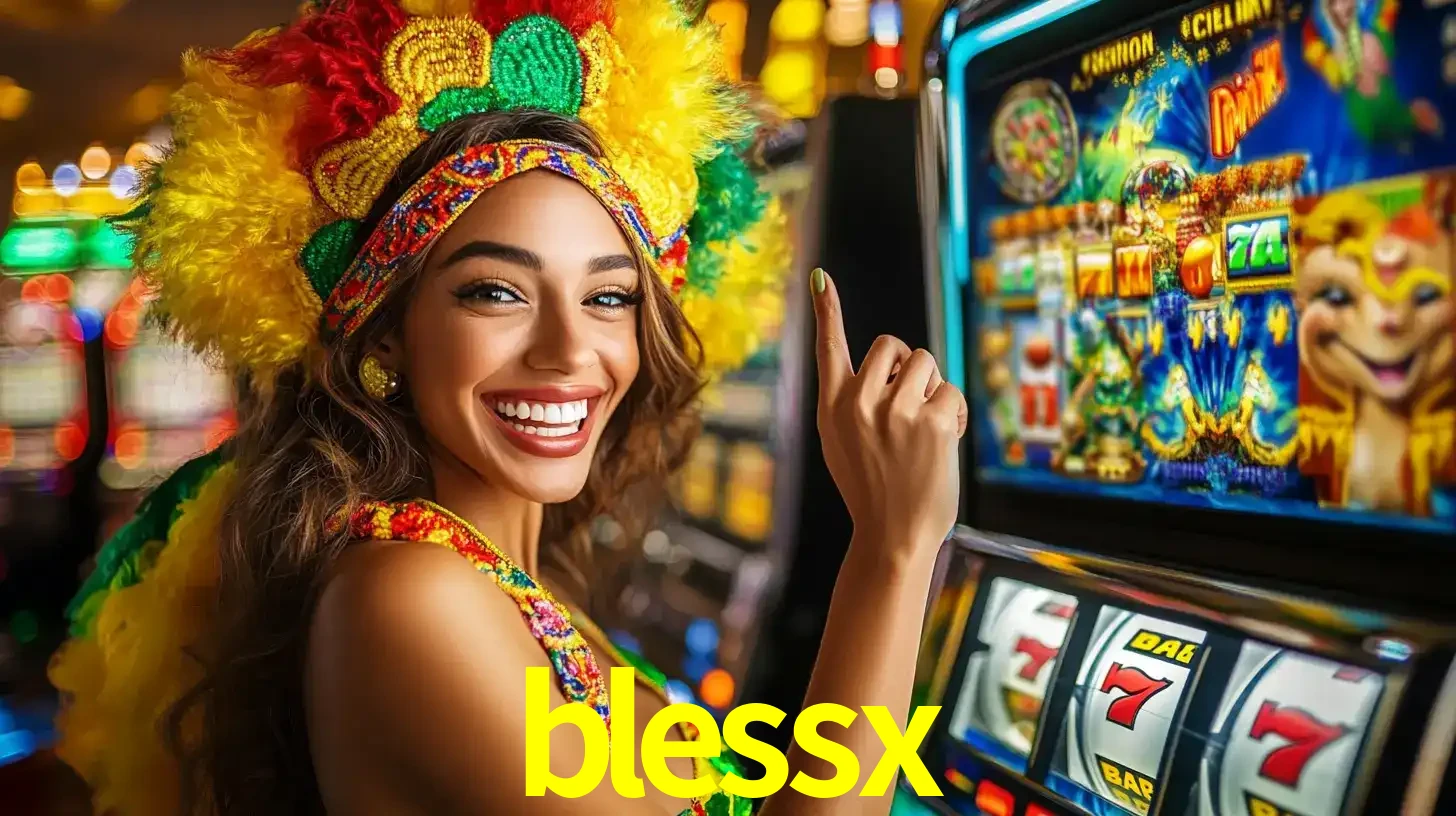 Mulher animada com um cocar de carnaval apontando para uma máquina de caça-níqueis, mostrando a emoção de ganhar um grande prêmio nos jogos do blessx.
