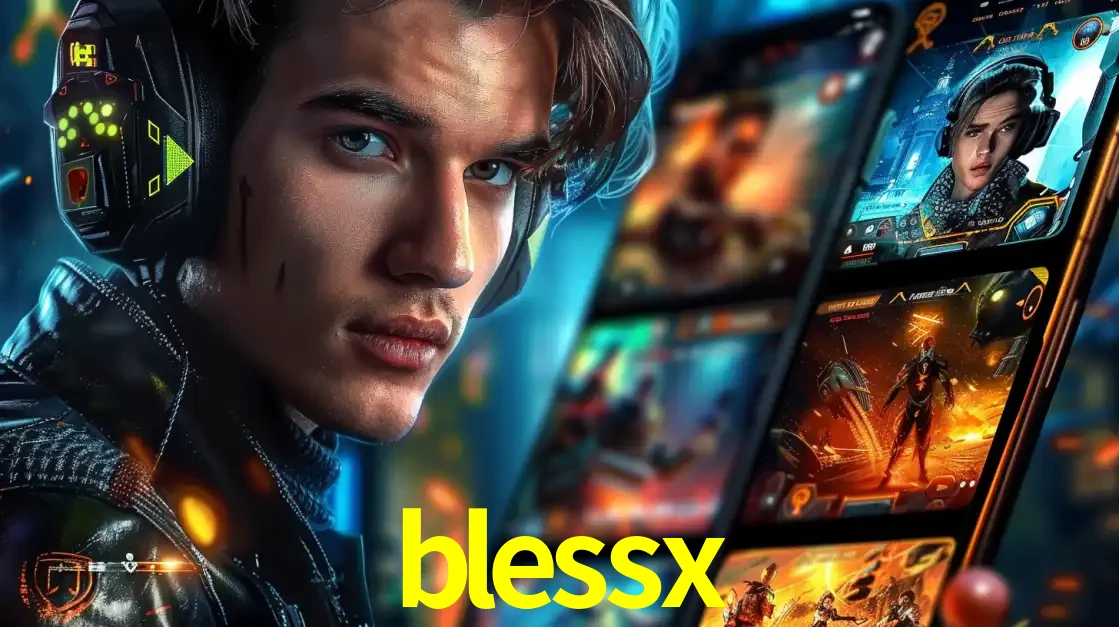 Jovem jogador com fones de ouvido olhando para a câmera, com um aplicativo de jogos e e-sports para celular ao fundo, pronto para a competição e apostas no blessx.