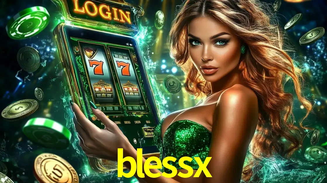 Mulher com tema verde apresentando o aplicativo do cassino blessx com um jogo de slot de 777, cercada por fichas de cassino e uma aura de sorte.