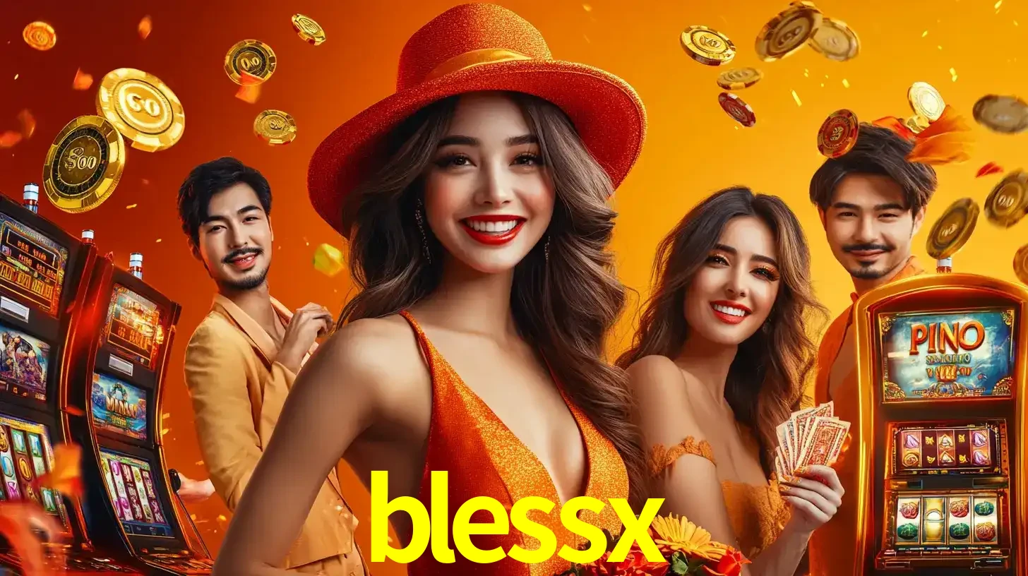 Grupo de amigos asiáticos sorrindo e se divertindo com máquinas de caça-níqueis em um ambiente festivo, celebrando suas vitórias nos jogos de cassino do blessx.