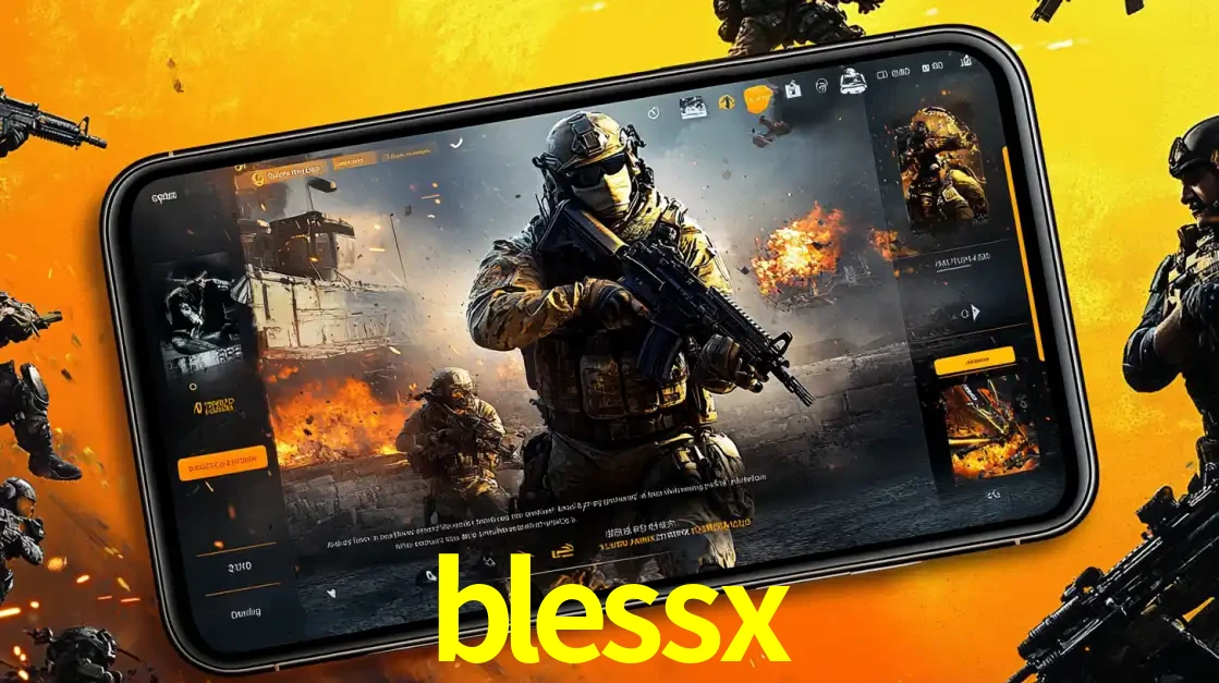 Um smartphone exibindo a interface de um jogo de tiro em primeira pessoa, com um soldado em um cenário de batalha, representando a ação dos e-sports para apostar no blessx.