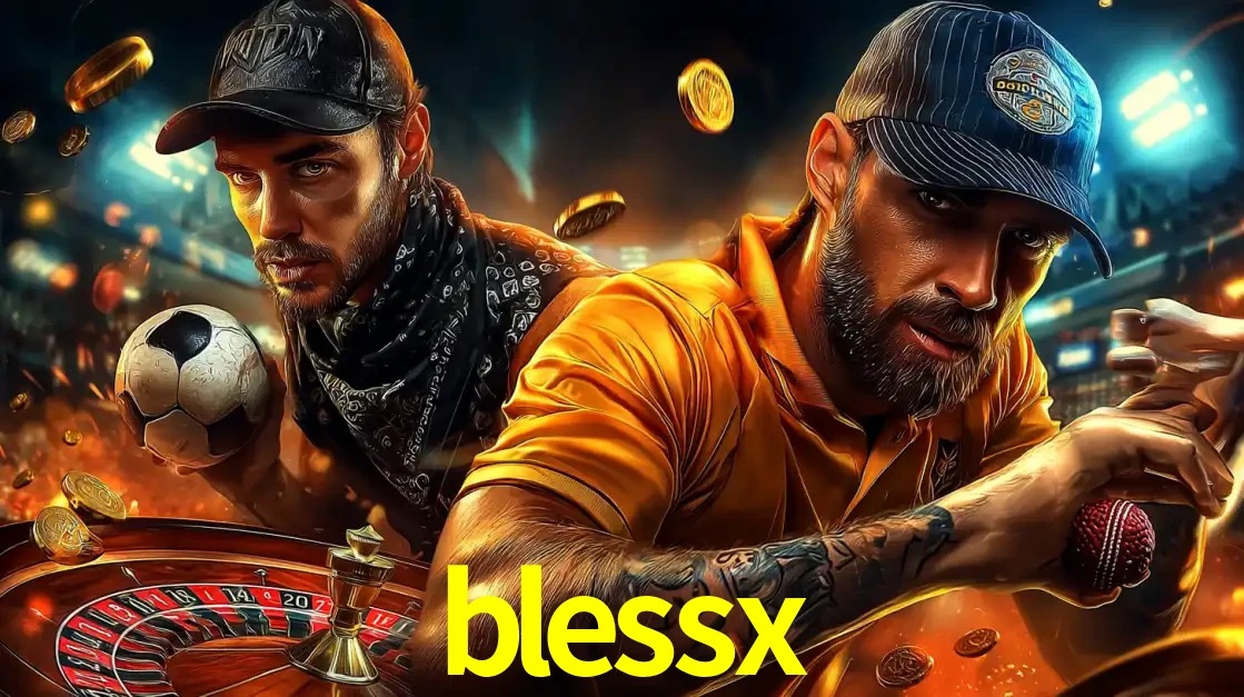 Montagem de apostas esportivas e cassino no blessx, com um homem segurando uma bola de futebol e outro uma de beisebol sobre uma roleta e moedas voadoras.