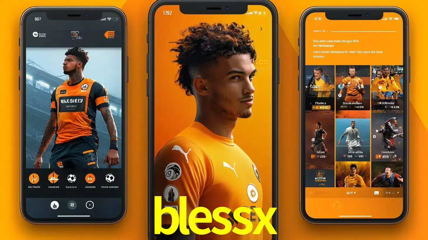Interface do aplicativo de apostas esportivas blessx em três telas de celular, mostrando o perfil de um jogador de futebol e a lista de jogos disponíveis para apostar.