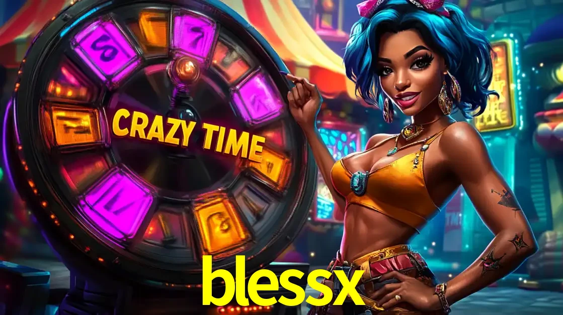 Mulher estilizada com cabelo azul e visual vibrante posando ao lado da roda de prêmios do game show Crazy Time, convidando para a diversão e os bônus do cassino blessx.