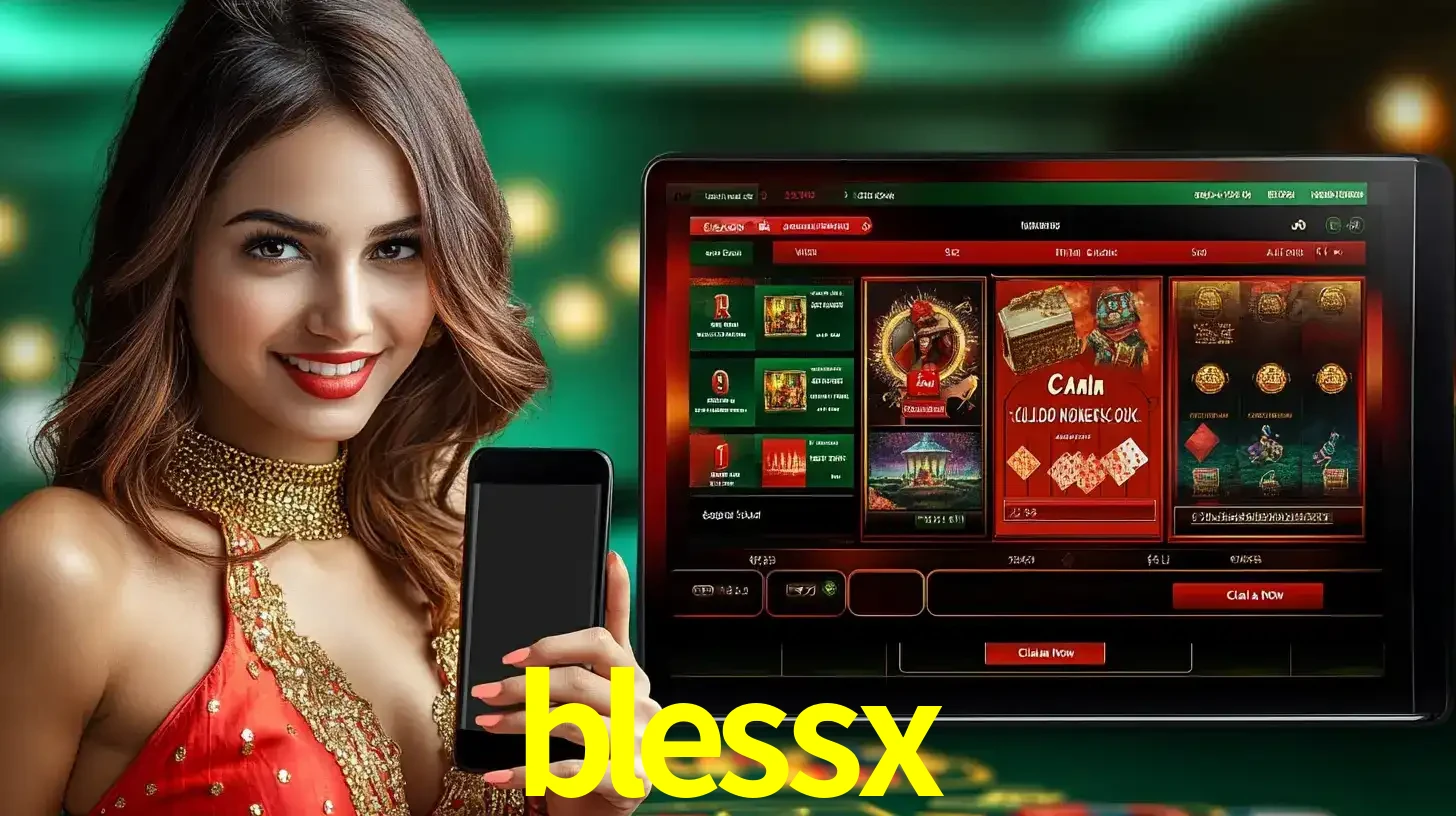 Mulher sorridente segurando um smartphone, ao lado de uma tela exibindo o lobby de jogos do cassino online blessx, com várias opções de jogos de cartas e slots.